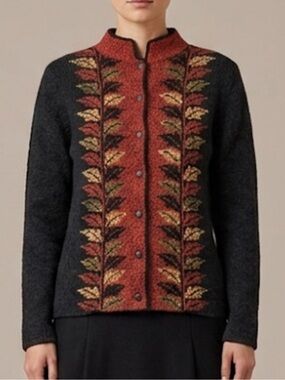 South Cotton Hand Loomed Cardigan Size M Black Autumn Fall Leaf Print Button Up